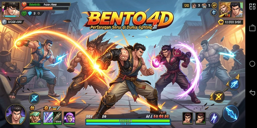 Tangkapan layar BENTO4D menampilkan pertarungan sengit antara dua karakter di arena.