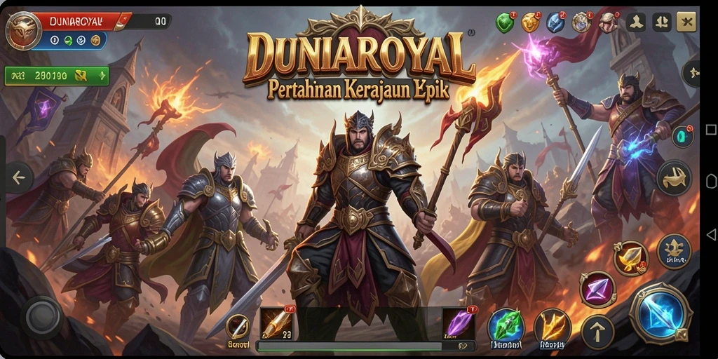 Screenshot gameplay DUNIAROYAL menunjukkan pertahanan menara yang strategis.