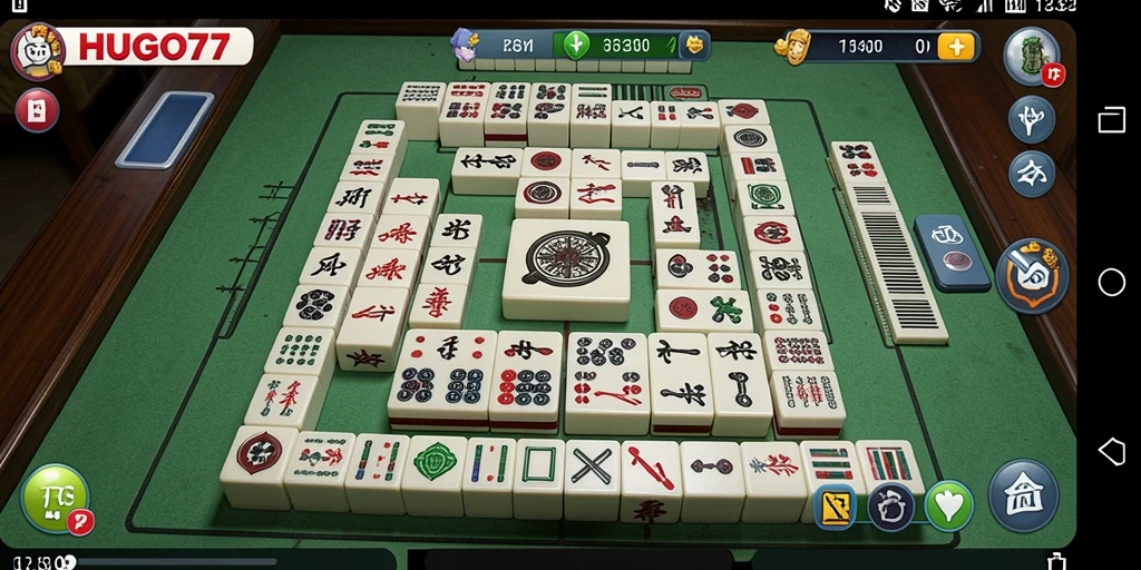 Tampilan gameplay HUGO77 yang menarik dengan ubin Mahjong berwarna-warni.
