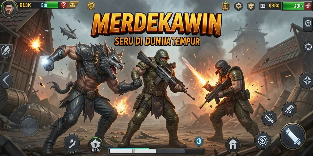 Screenshot MERDEKAWIN menunjukkan pertarungan intens dan karakter beragam.